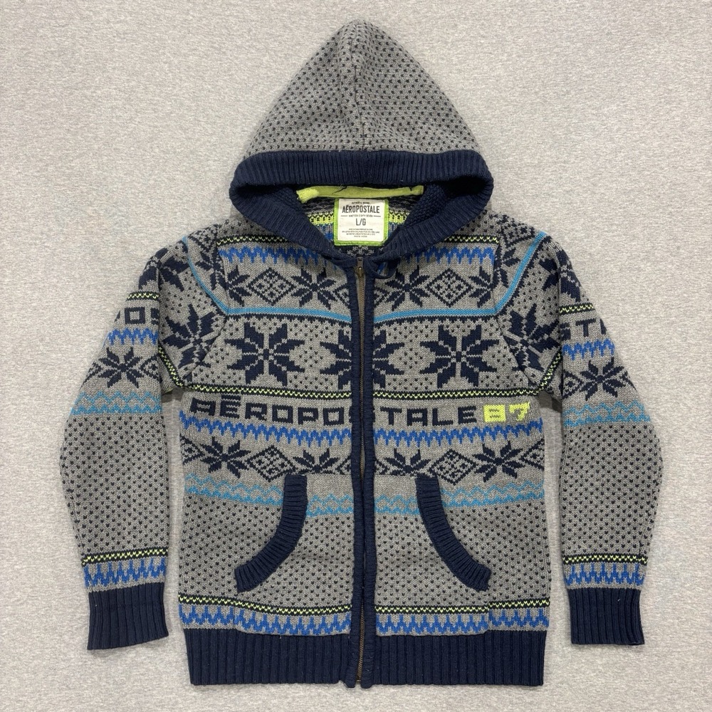 VTG Y2K Aeropostale Fair Isle Spellout Knit Hoodie Men's Size L Gray 2000s Heavy